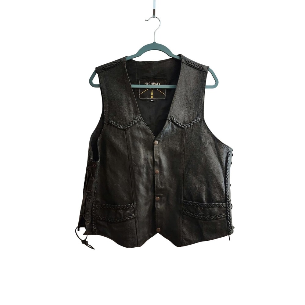 Highway Hawks Mens Black Genuine Leather Braided Trim Motorcycle Biker Vest XL